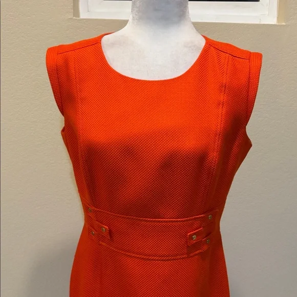 Structured Dark Orange Midi Sheath Dress with Gold Button Waist Detail-Size 8 - Picture 2 of 15
